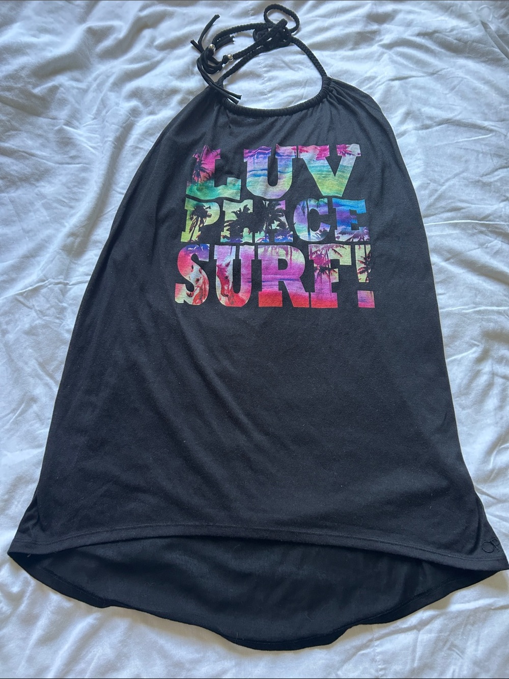 Y2K OP Black Halter Bathing Suit Cover up Or Loungewear Dress Surf Graphic